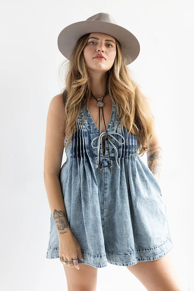 Pleated Denim Romper