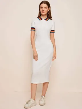 Rainbow Striped Collar &amp; Cuff Split Hem Polo Dress