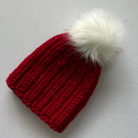 Red Peruvian Wool Baby Hat with Faux Fur Pom Pom