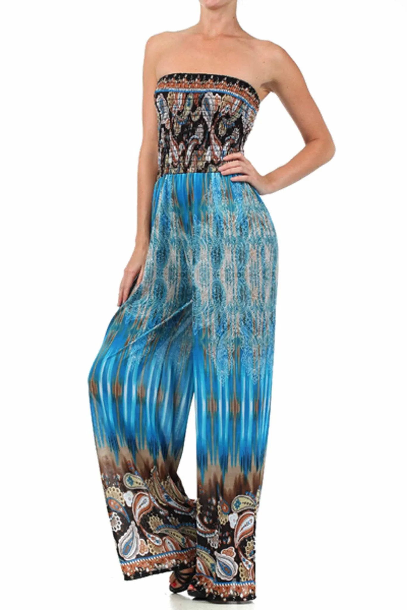 Sakkas Paisley Smocked Tube Top Wide Leg Jumpsuit