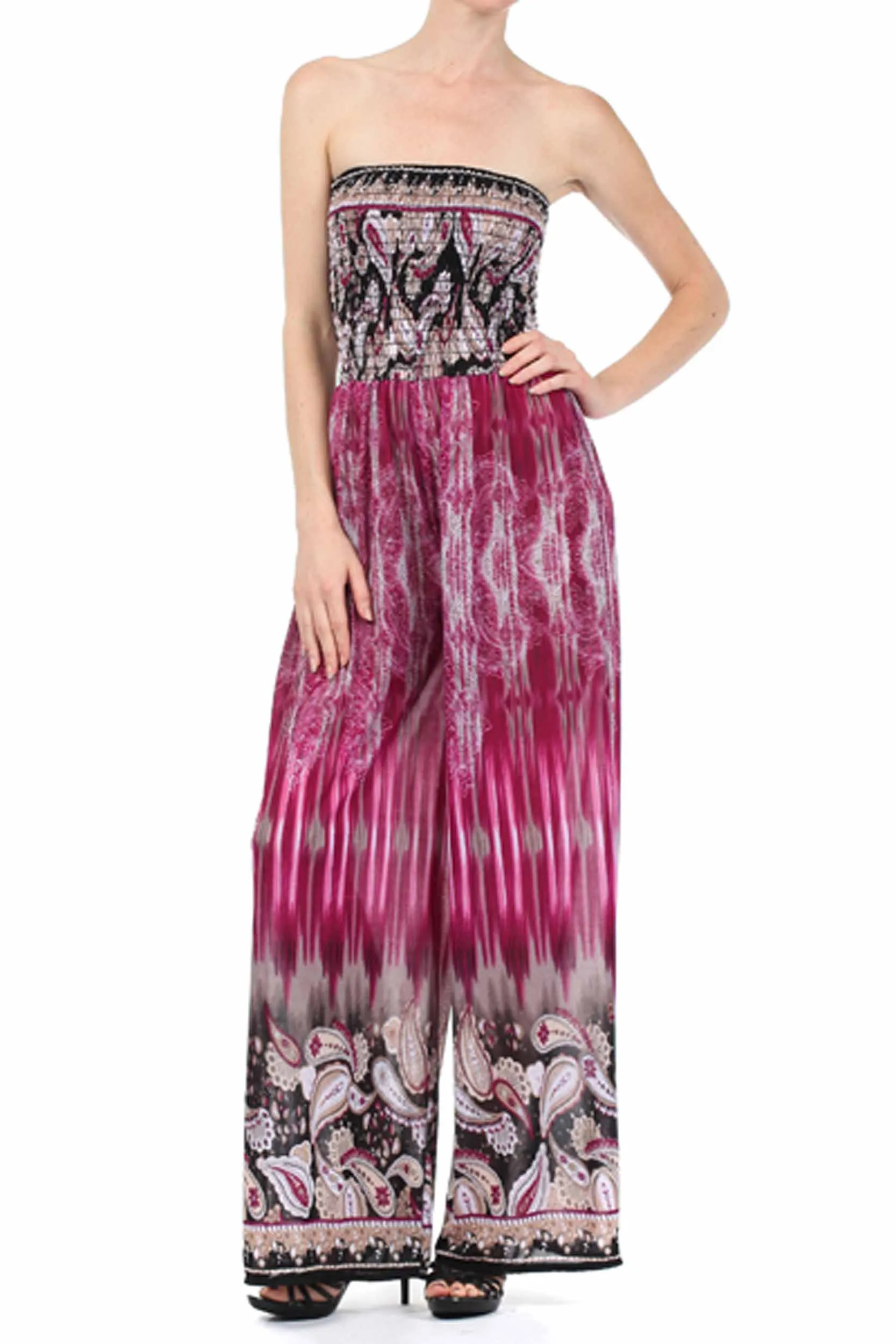 Sakkas Paisley Smocked Tube Top Wide Leg Jumpsuit