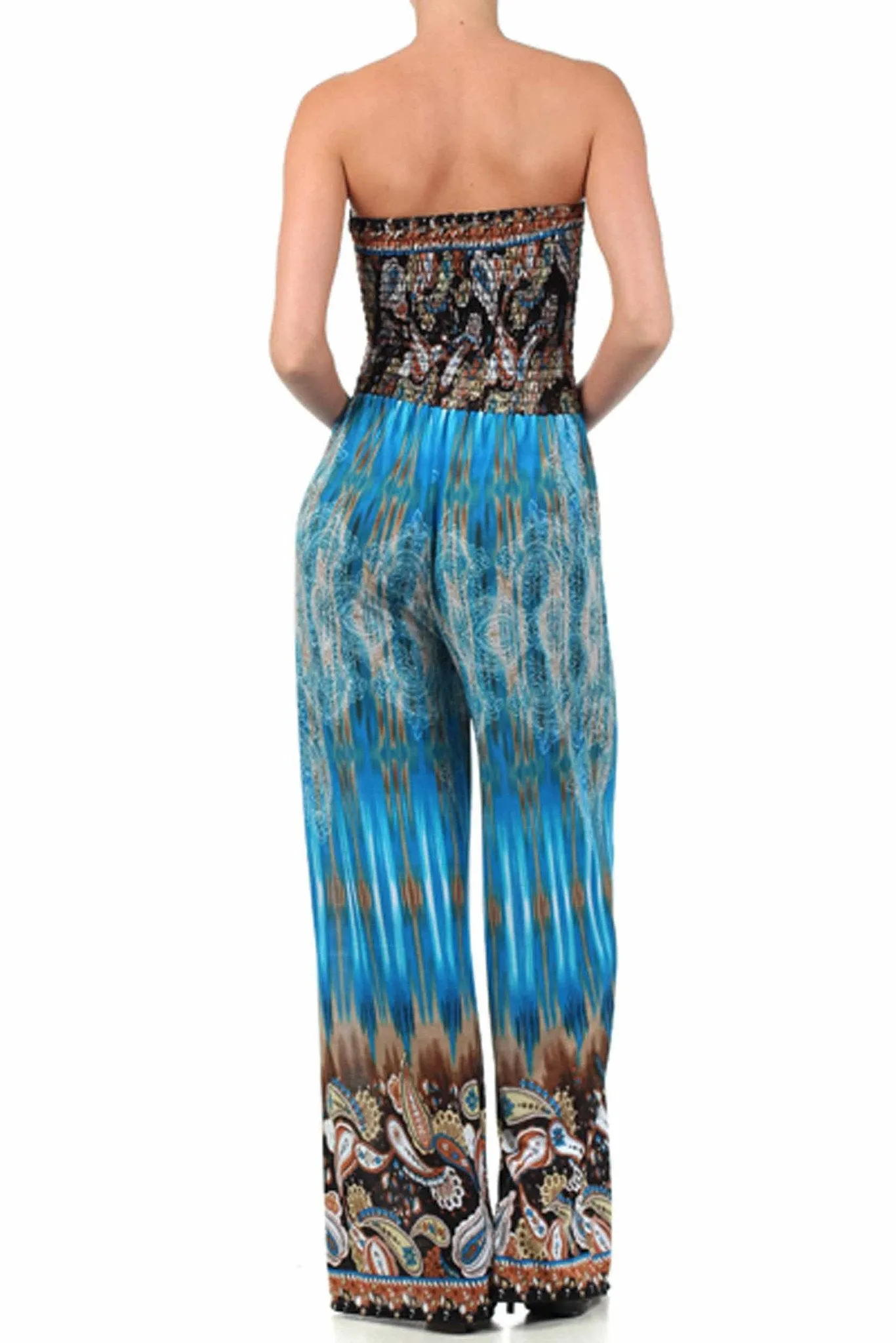 Sakkas Paisley Smocked Tube Top Wide Leg Jumpsuit