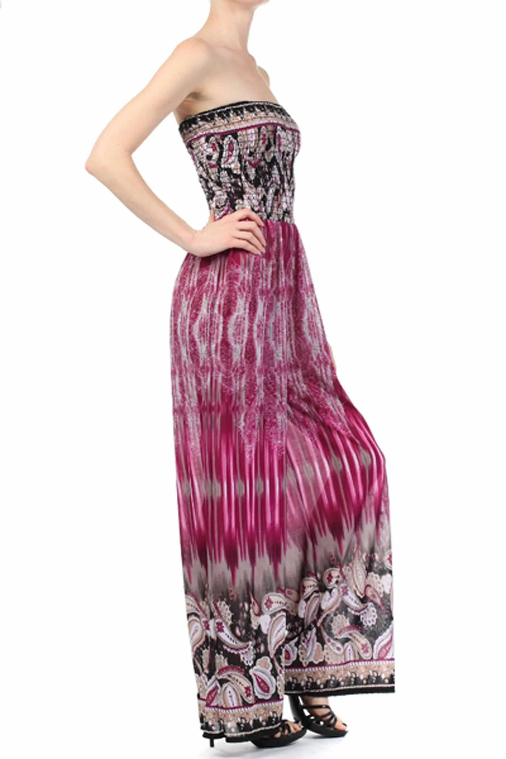 Sakkas Paisley Smocked Tube Top Wide Leg Jumpsuit