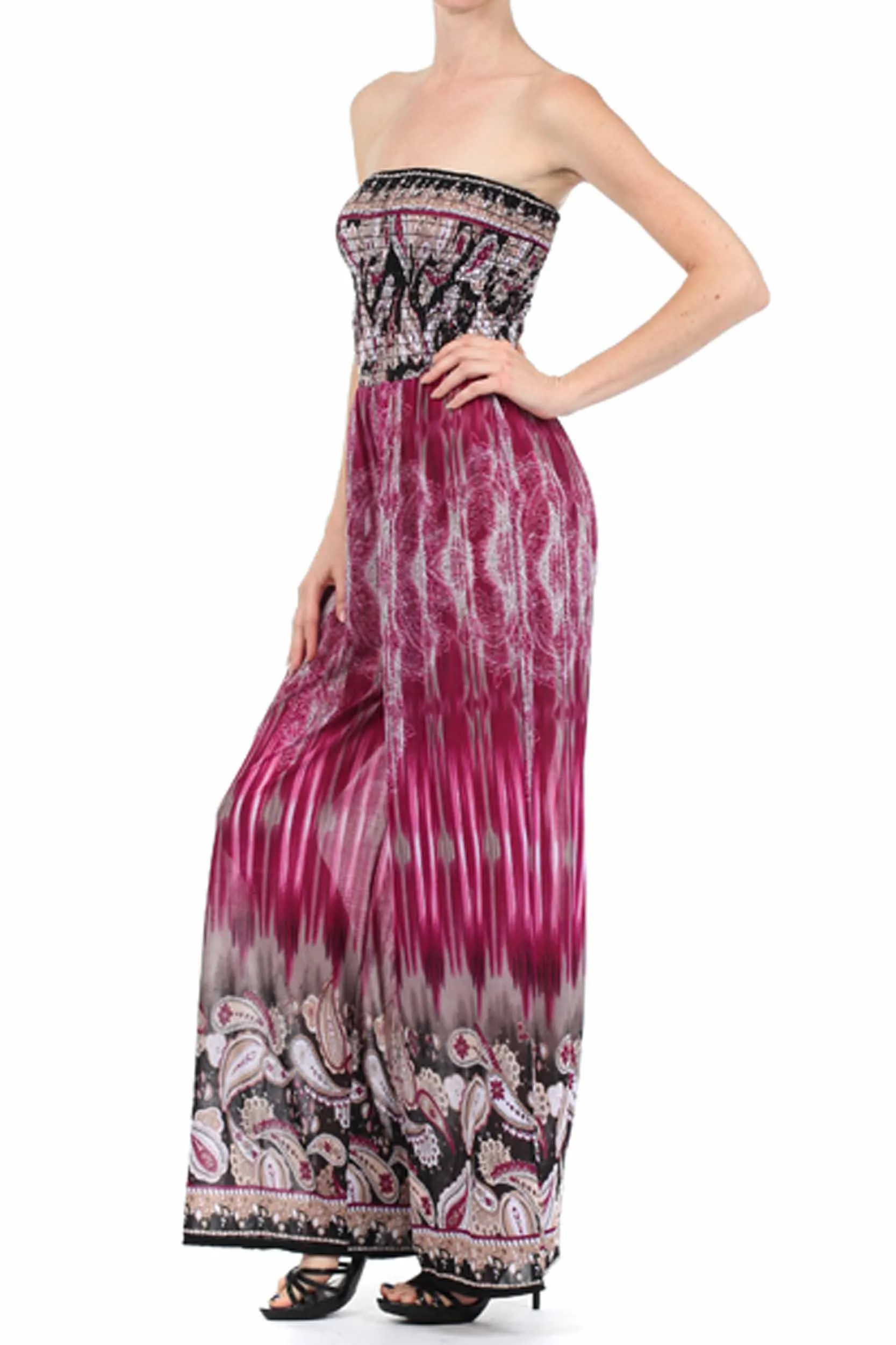 Sakkas Paisley Smocked Tube Top Wide Leg Jumpsuit