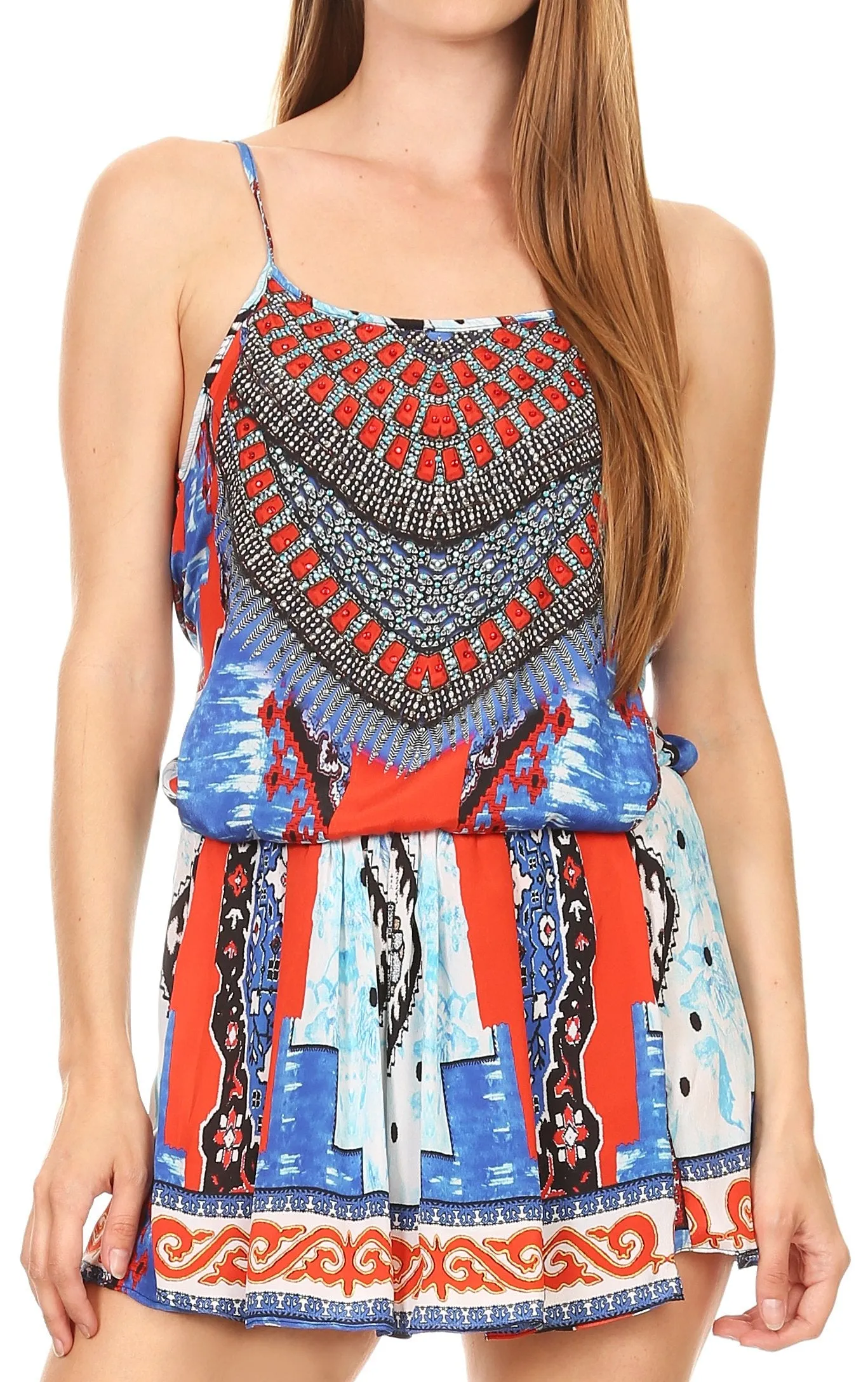 Sakkas Sade Colorful Sleeveless Short Romper with Pockets and Rhinestones