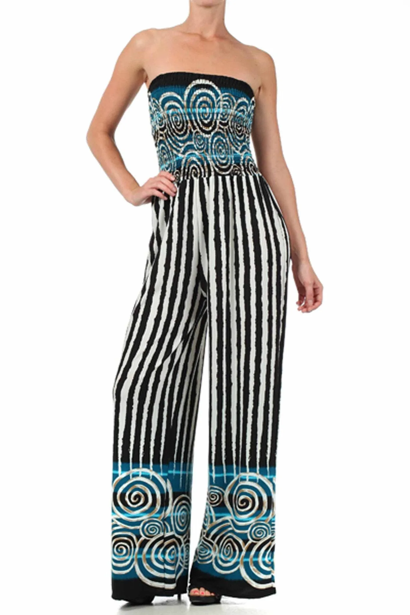 Sakkas Spiral Stripe Smocked Tube Top Wide Leg Jumpsuit