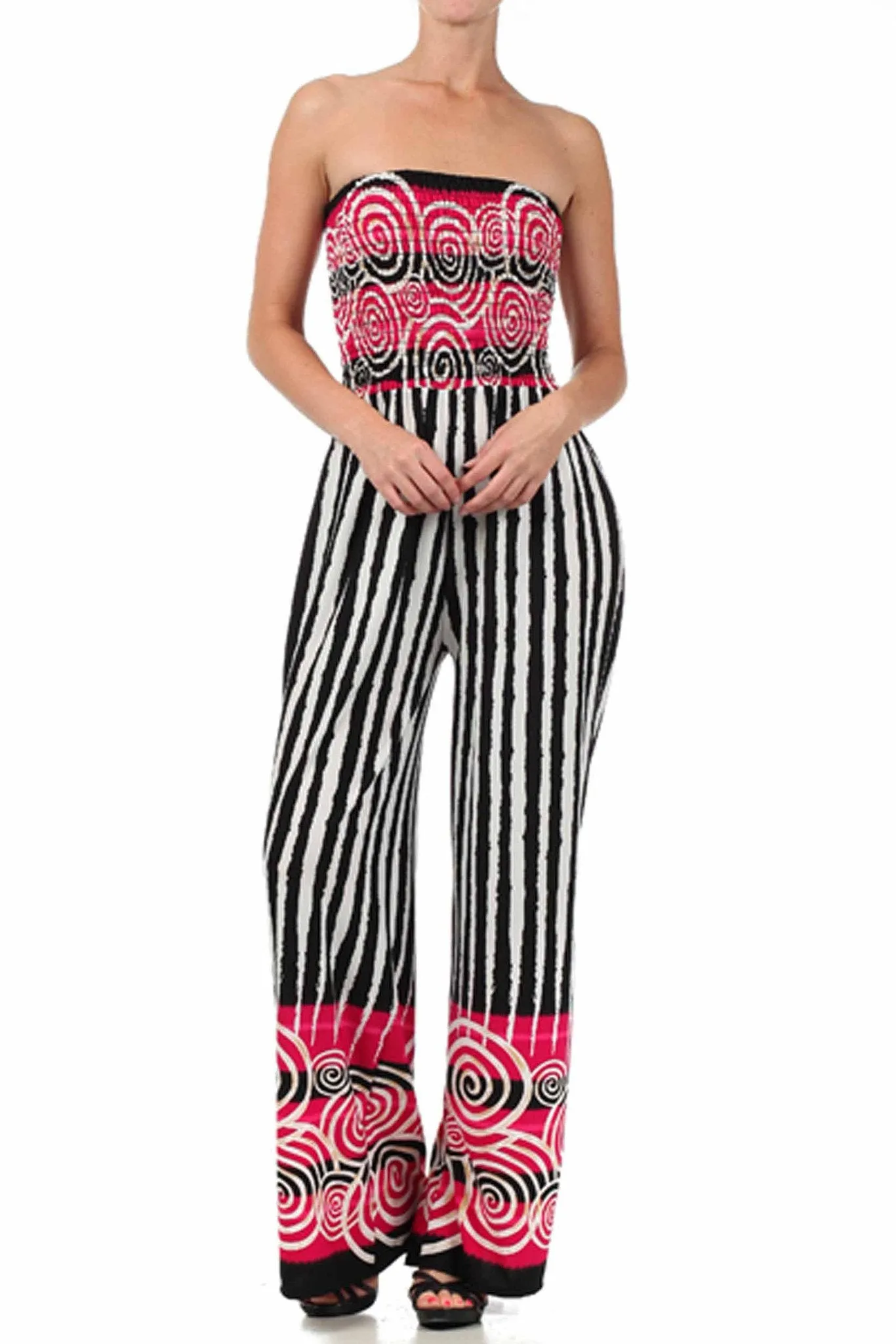 Sakkas Spiral Stripe Smocked Tube Top Wide Leg Jumpsuit