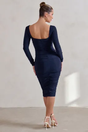 Seductress | Navy Long Sleeve Square Neck Ruched Midi Dress