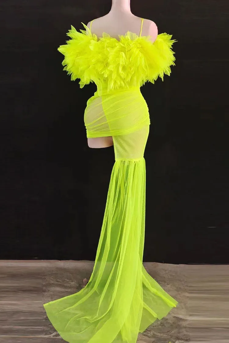 Sexy Gloved Ruffle Off Shoulder Draped Sheer Ruched Mesh Mini Dress - Neon Yellow