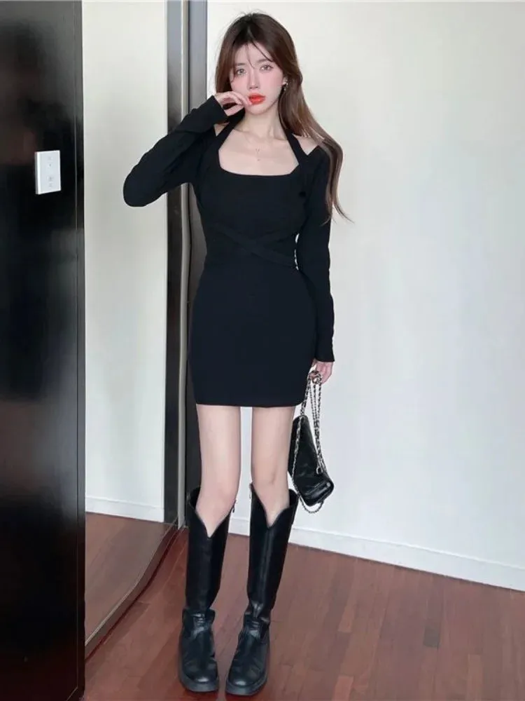 Sexy Halter Off Shoulder Bodycon Mini Dress Women Korean Fashion Bodycon Slim Short Dresses Black Party Outfits