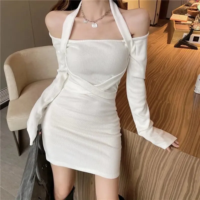 Sexy Halter Off Shoulder Bodycon Mini Dress Women Korean Fashion Bodycon Slim Short Dresses Black Party Outfits