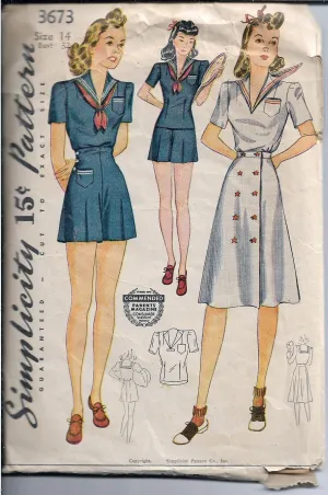 Simplicity 3673 Ladies Playsuit Romper Sailor Dress Vintage Sewing Pattern 1940s