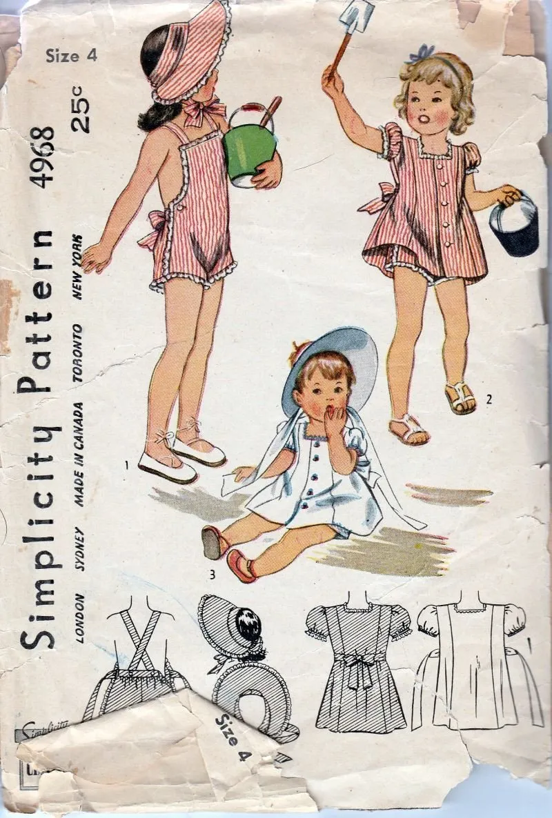 Simplicity 4968 Vintage 1940's Sewing Pattern Little Girls' Sunsuit Dress Bonnet