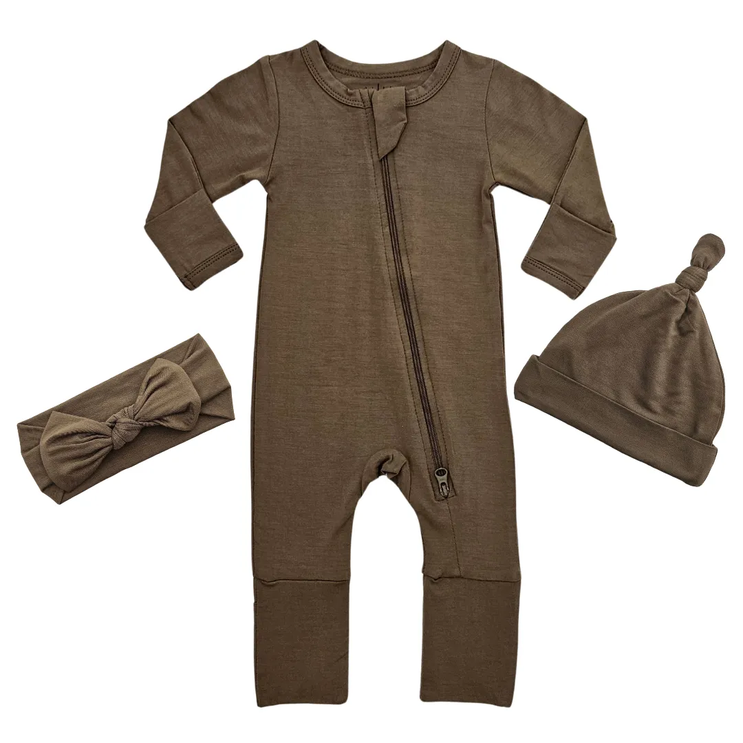 Smart Bamboo Zipper Romper, Beanie & Headband Set - Olive Green