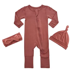 Smart Bamboo Zipper Romper, Beanie & Headband Set - Very Berry