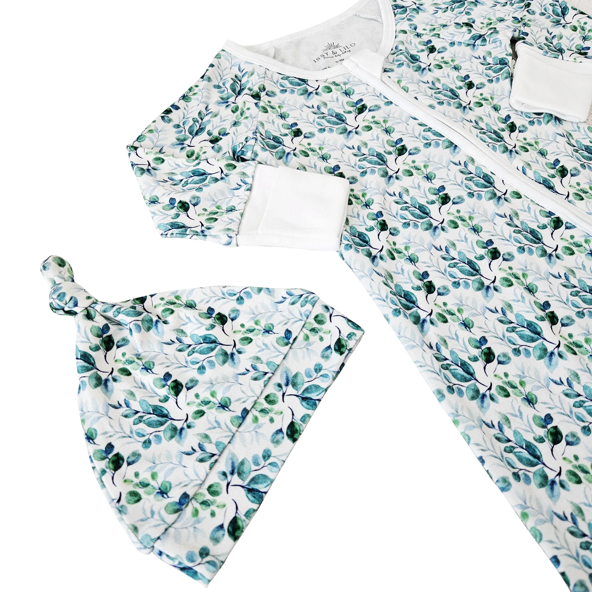 Smart Bamboo Zipper Romper   Beanie Set - Eucalyptus Leaves 0-3 M