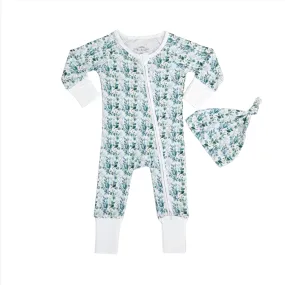 Smart Bamboo Zipper Romper   Beanie Set - Eucalyptus Leaves 0-3 M