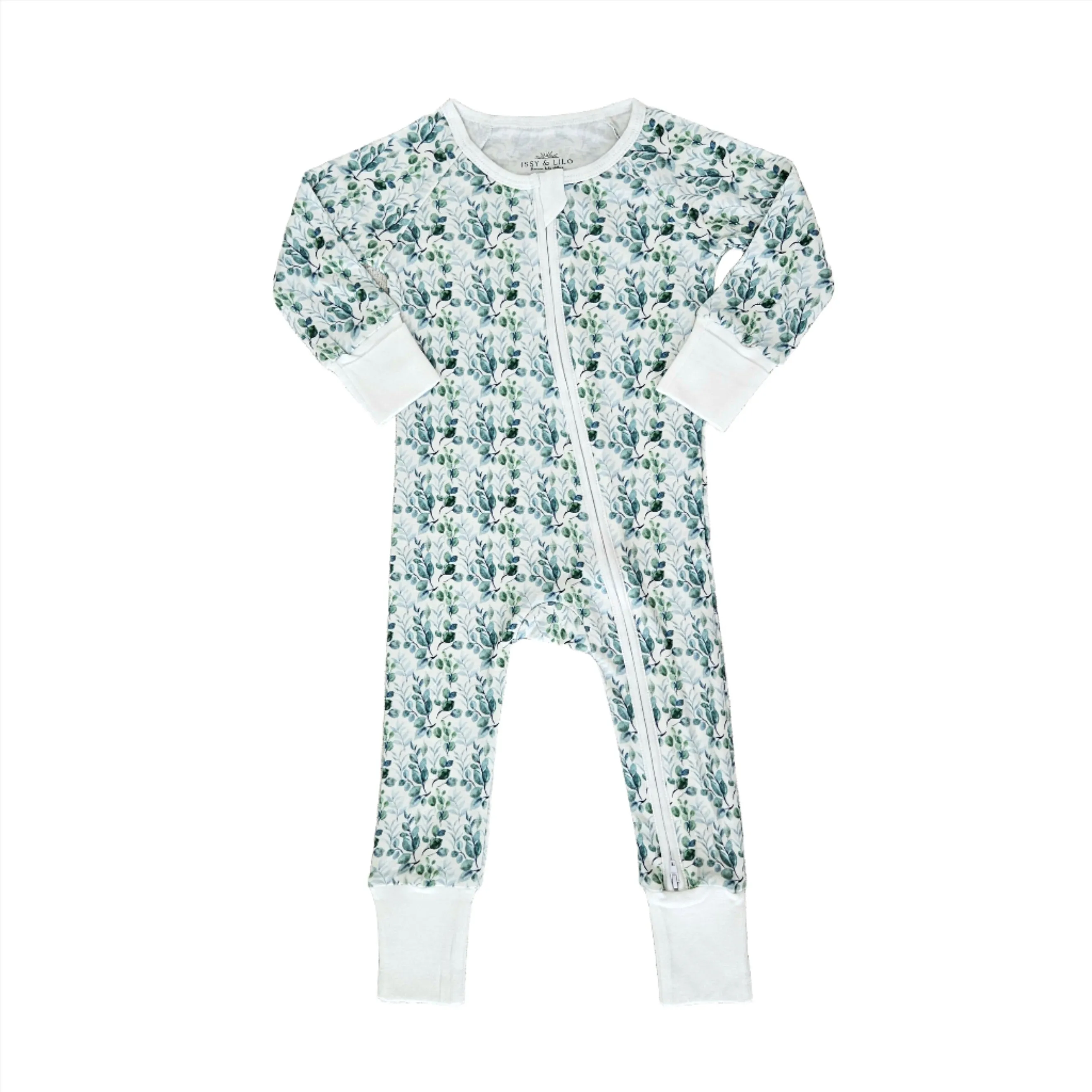 Smart Bamboo Zipper Romper   Beanie Set - Eucalyptus Leaves 0-3 M