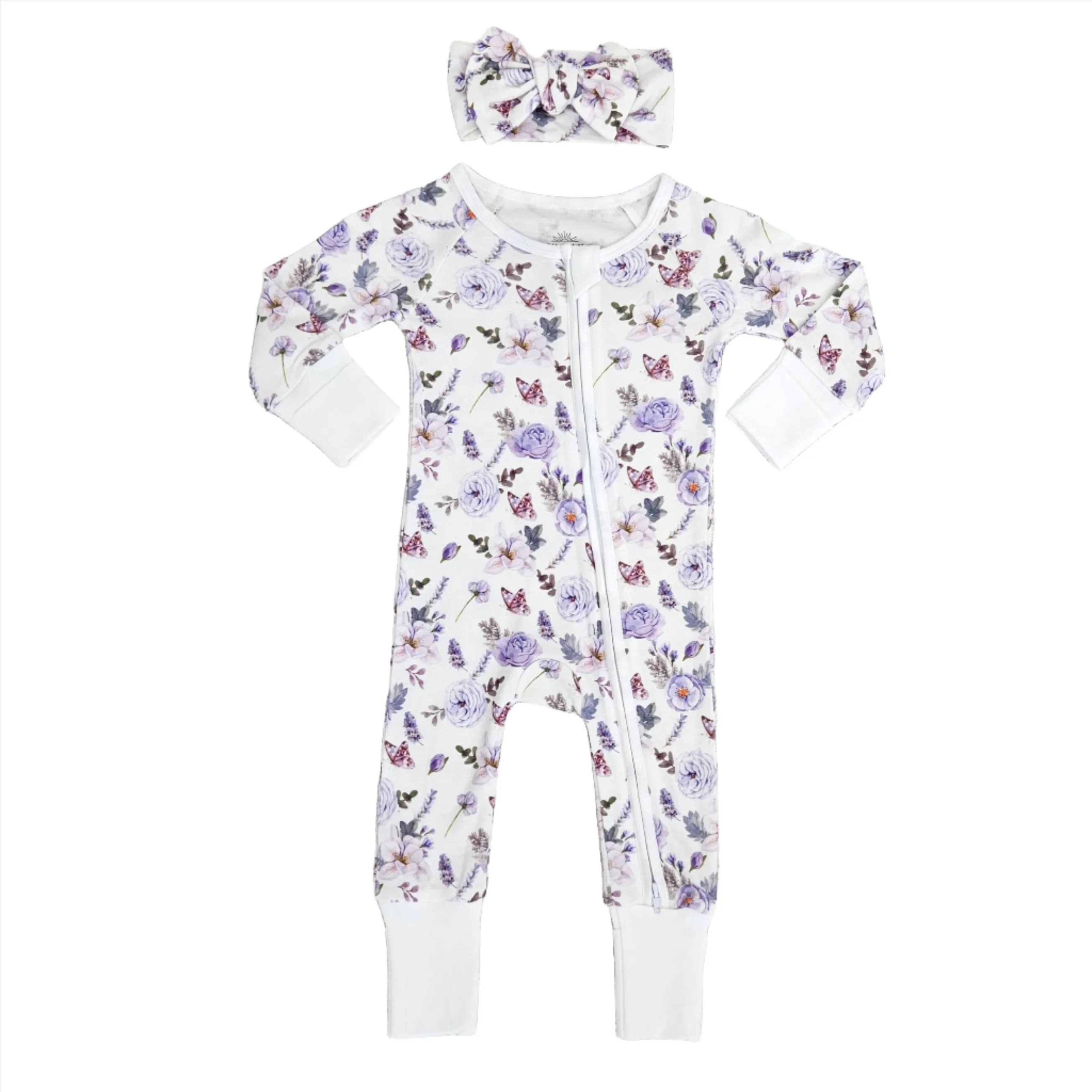 Smart Bamboo Zipper Romper   Headband Set - Flower Garden (0-3 Months)