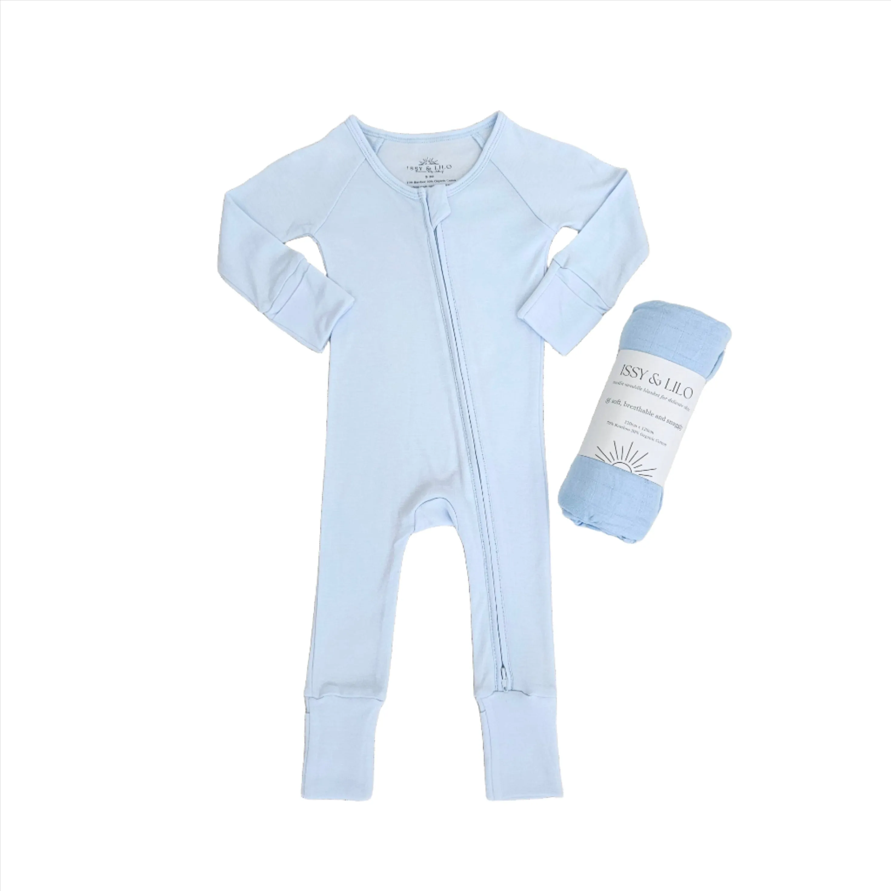 Smart Bamboo Zipper Romper   Swaddle Set - Shades of Blue (0-3 Months)