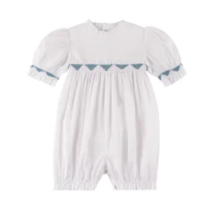 Smocked Southern Belle Romper - White & Blue