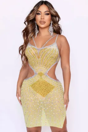 Sparkly Rhinestone V Neck Sheer Mesh Cutout Party Mini Dress - Yellow