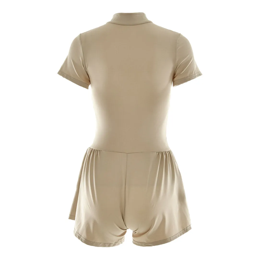 Sporty Ruffle Leg Short Sleeve Mock Neck Zip Up Romper - Apricot