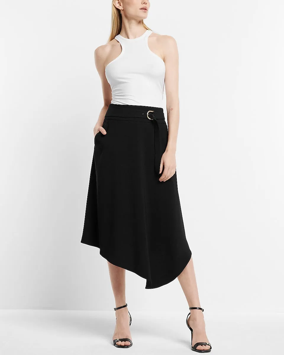 Super High Waisted Belted Asymmetrical Midi Skirt in Pitch Black