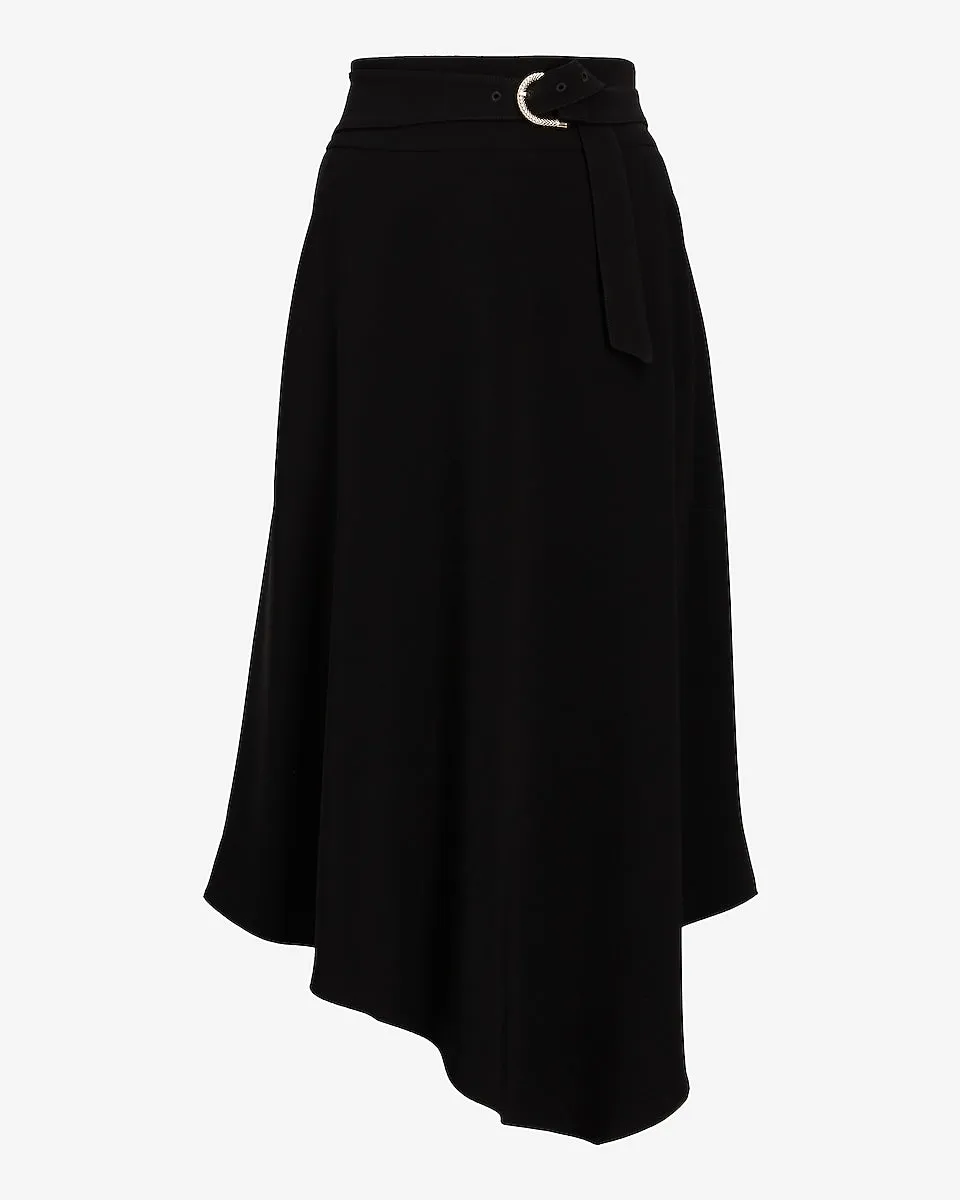 Super High Waisted Belted Asymmetrical Midi Skirt in Pitch Black