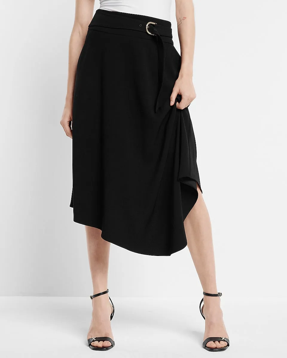 Super High Waisted Belted Asymmetrical Midi Skirt in Pitch Black