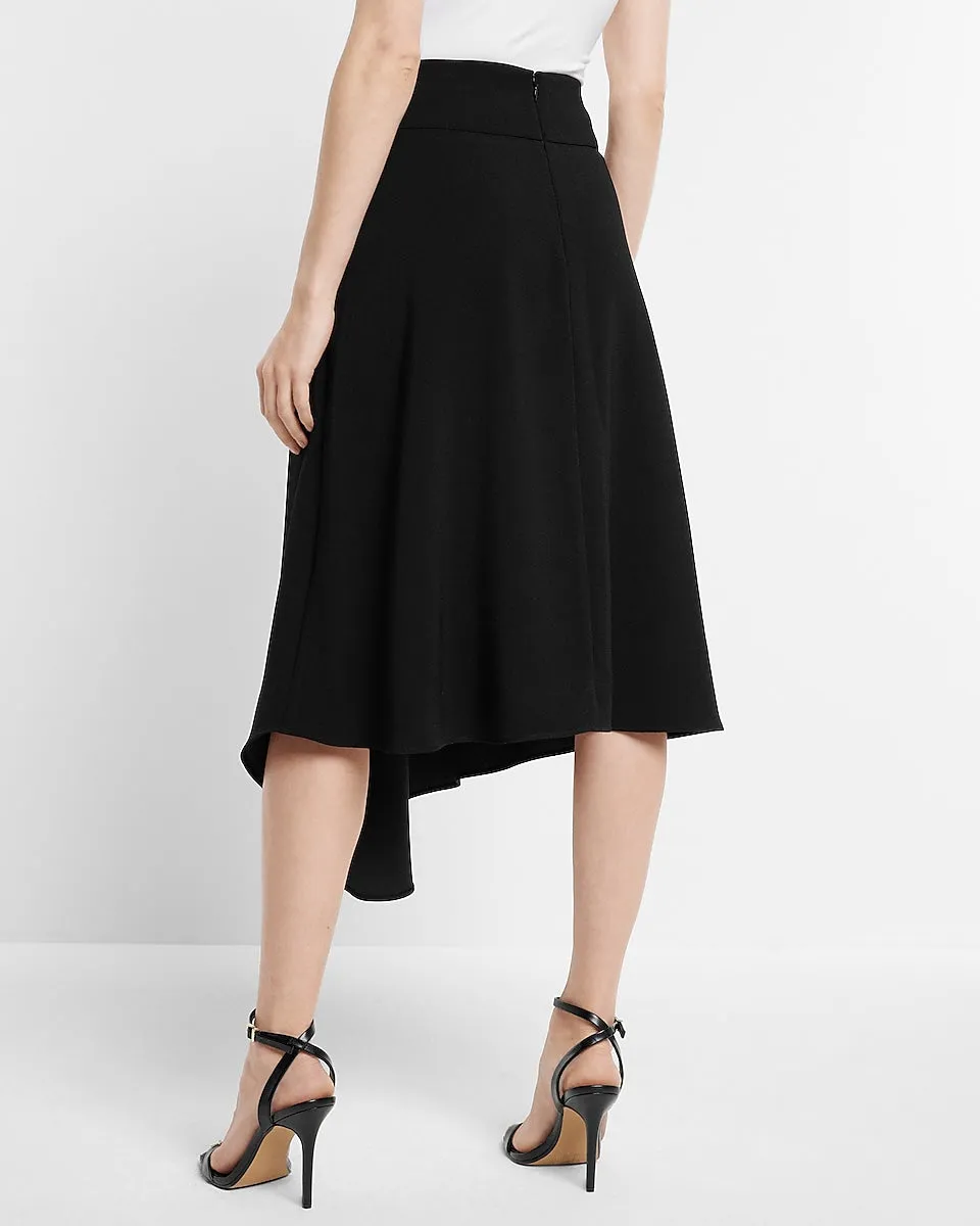 Super High Waisted Belted Asymmetrical Midi Skirt in Pitch Black