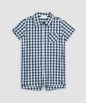 The Gingham Poplin Button Romper - Navy - BABY