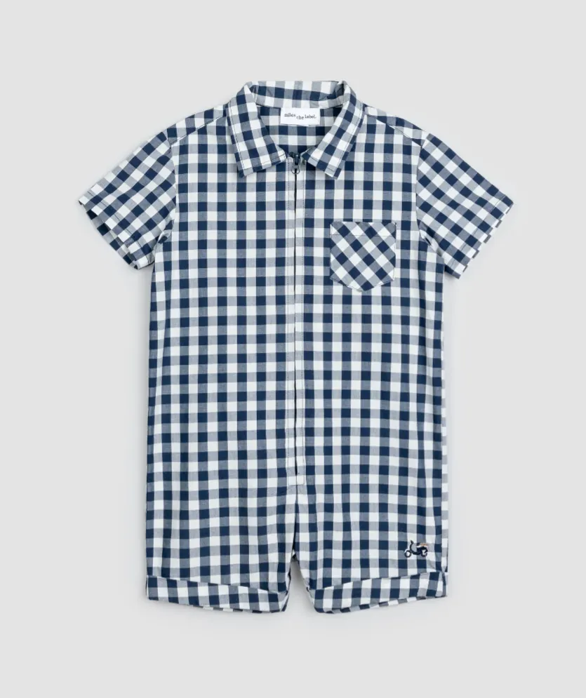 The Gingham Poplin Button Romper - Navy - BABY