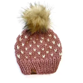 Toddler Happe Hearts Knit Pom Hat | Dusty Rose   Off White