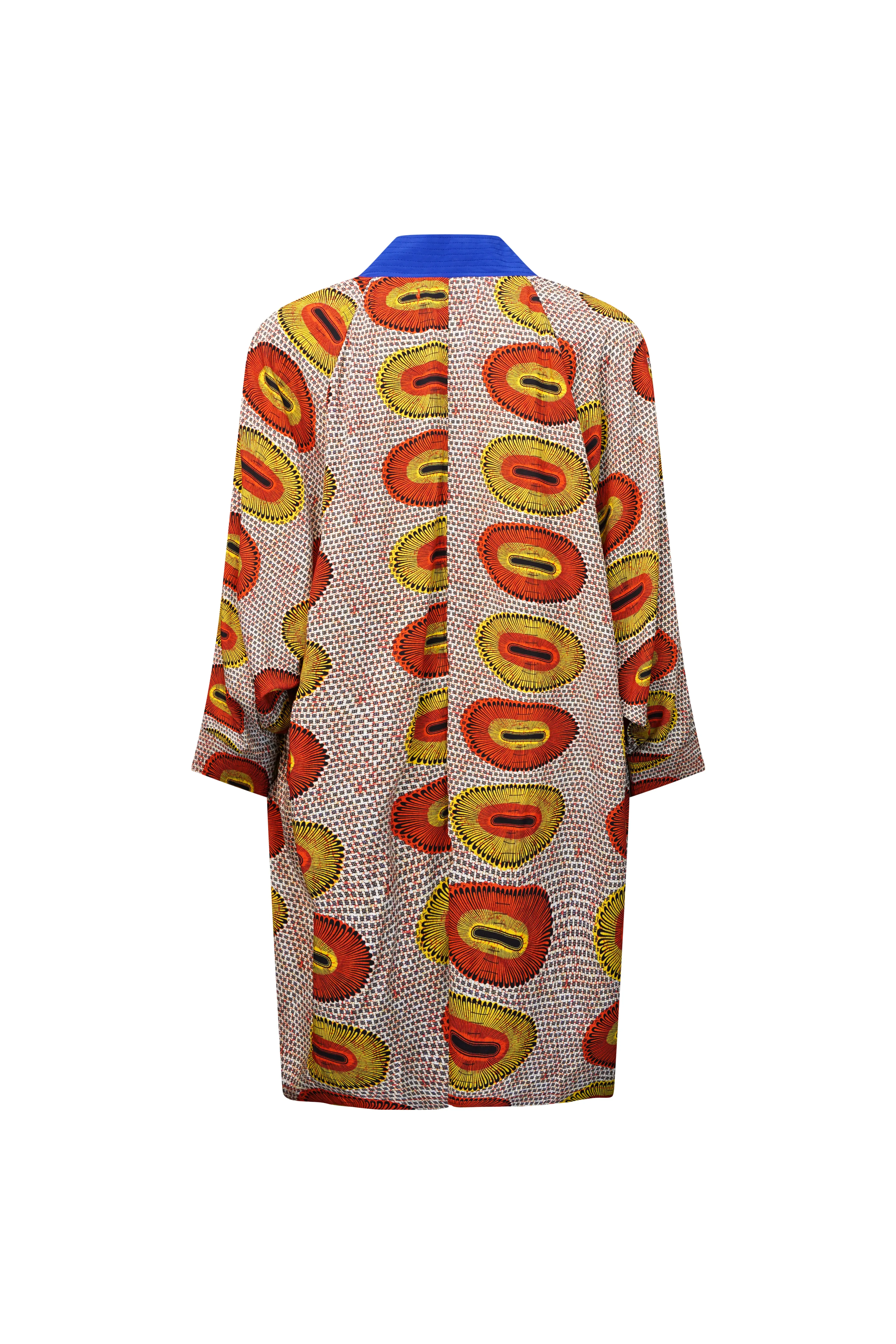 Tongo Loose Fit Unisex Afromono Kimono - Blue Orange Yellow Rhythmic Spirits Print | ILC OA OG