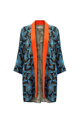 Tongo Loose Fit Unisex Afromono Kimono - Orange Black and Blue Stellar Whirls Print | ILC OA OG