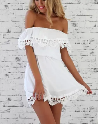 Trendy Off Shoulder Lace Panel Flounce Belted Dress