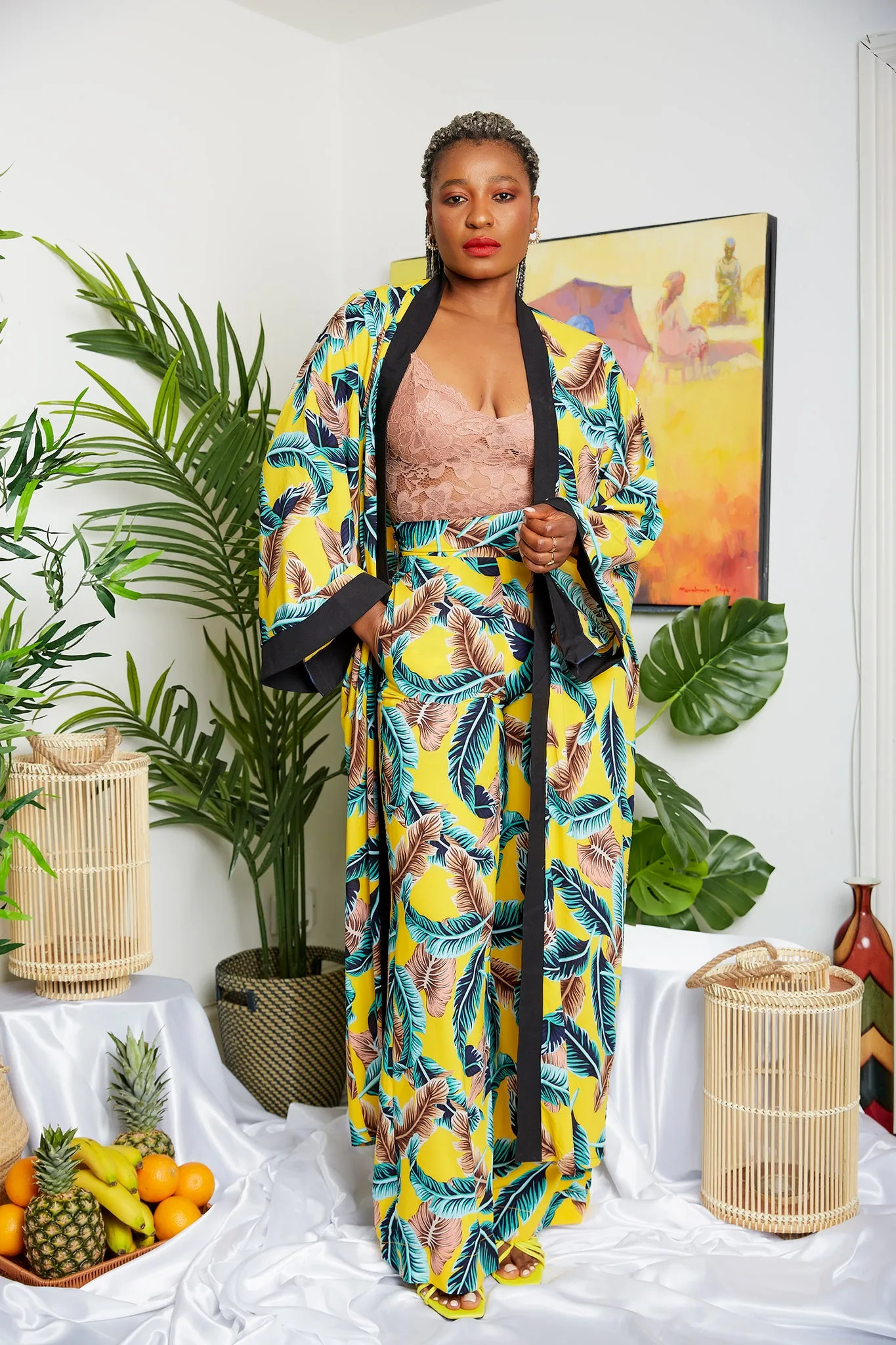 Tropical Yellow Crepe Print Kimono  (Trouser sold Separately)- Kelsey