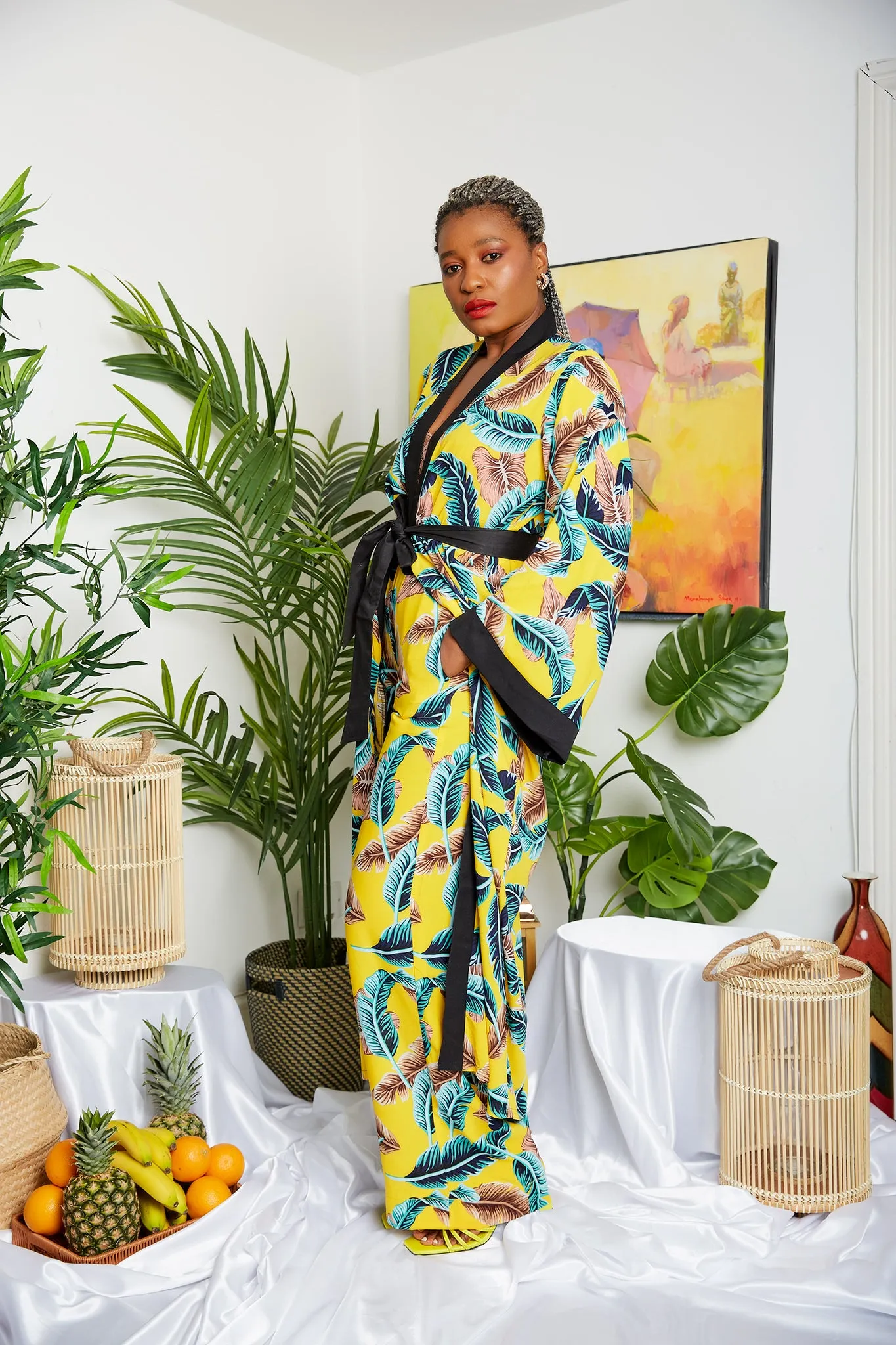 Tropical Yellow Crepe Print Kimono  (Trouser sold Separately)- Kelsey