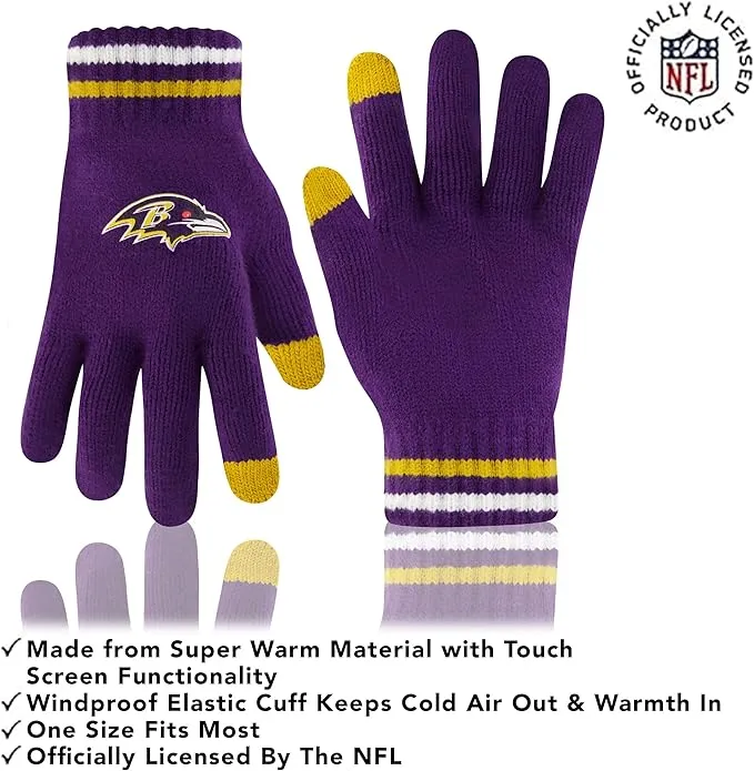 Ultra Game NFL Baltimore Ravens Womens Super Soft Team Stripe Winter Beanie Knit Hat with Extra Warm Touch Screen Gloves|Baltimore Ravens