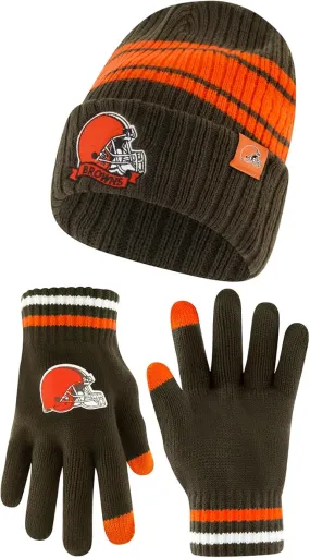 Ultra Game NFL Cleveland Browns Womens Super Soft Team Stripe Winter Beanie Knit Hat with Extra Warm Touch Screen Gloves|Cleveland Browns