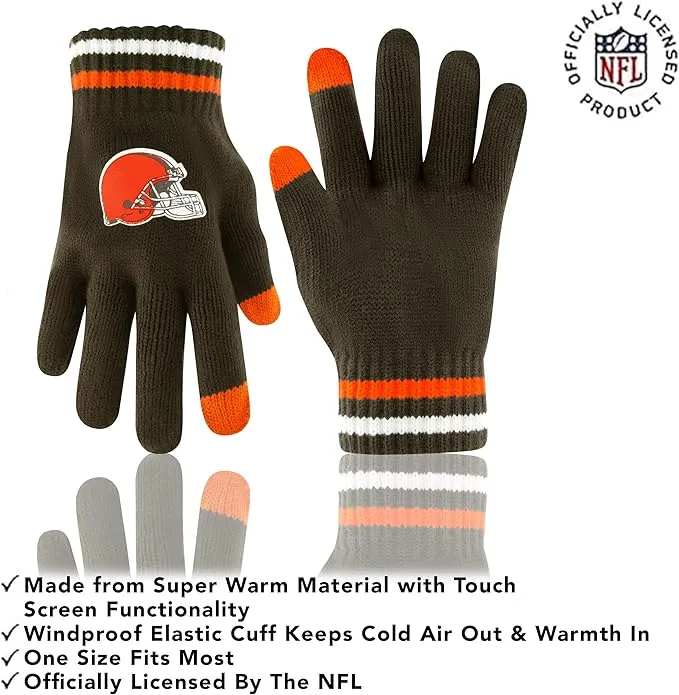 Ultra Game NFL Cleveland Browns Womens Super Soft Team Stripe Winter Beanie Knit Hat with Extra Warm Touch Screen Gloves|Cleveland Browns