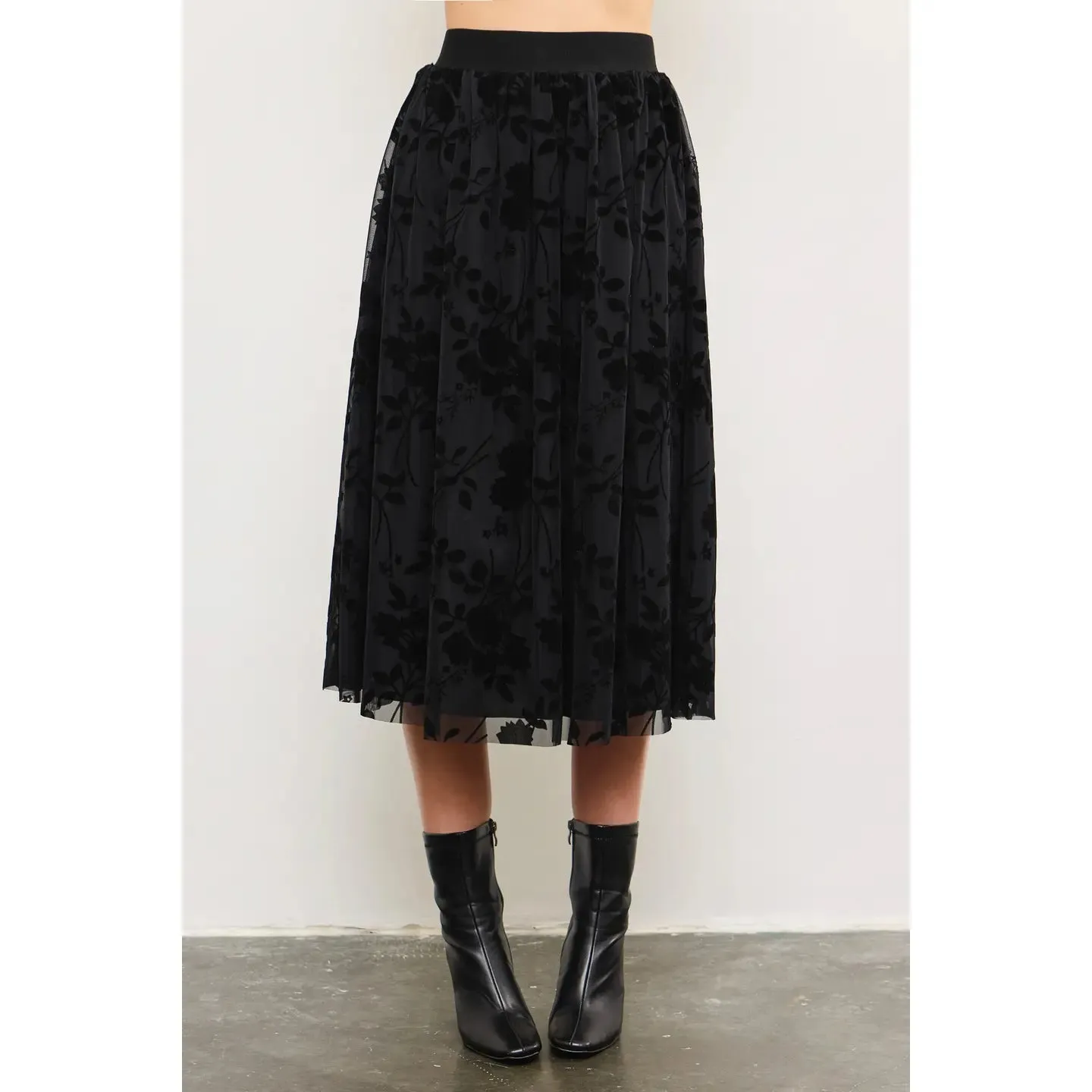 Velvet Floral Burnout Midi Skirt