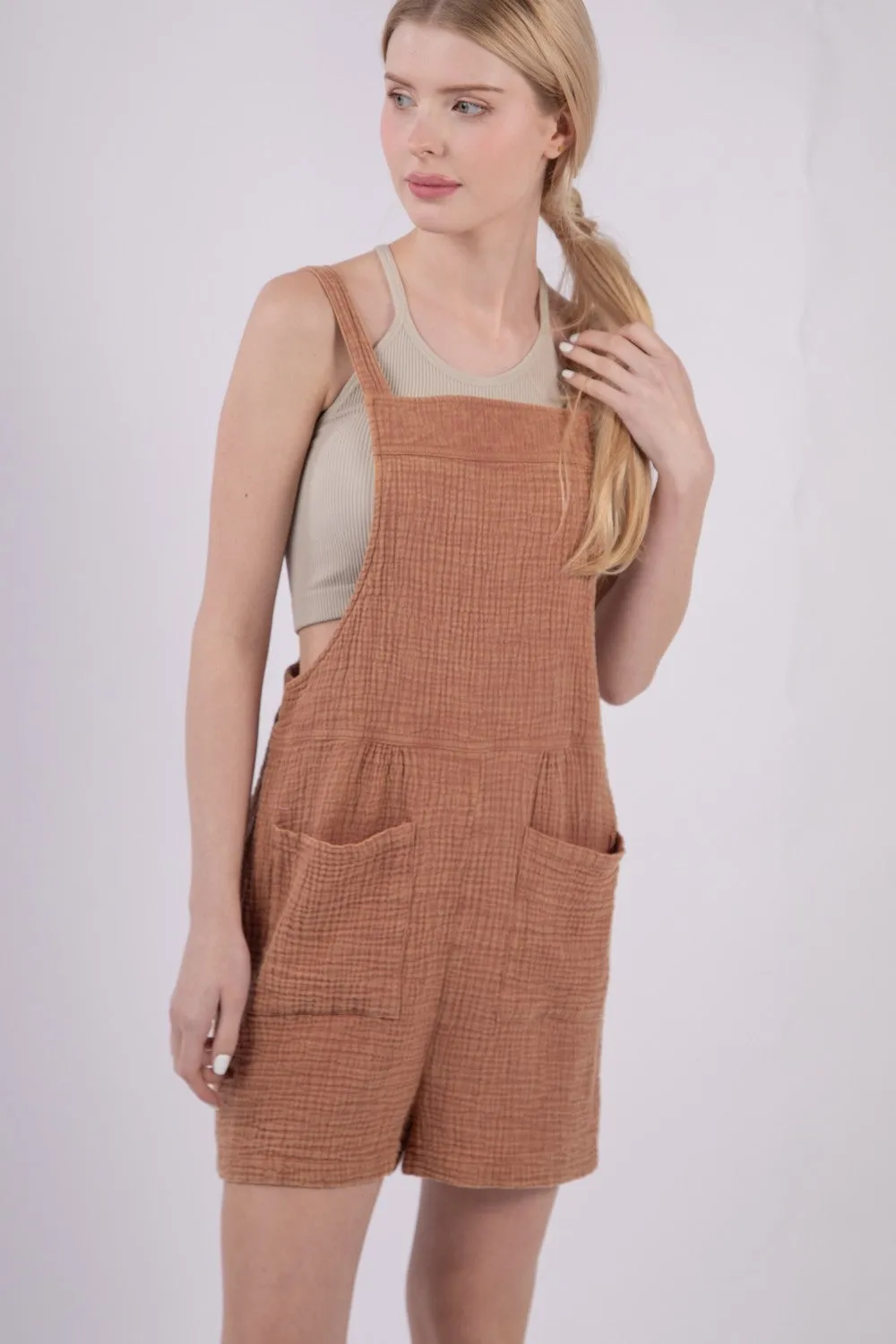 VERY J Sleeveless Double Gauze Overalls with Pockets