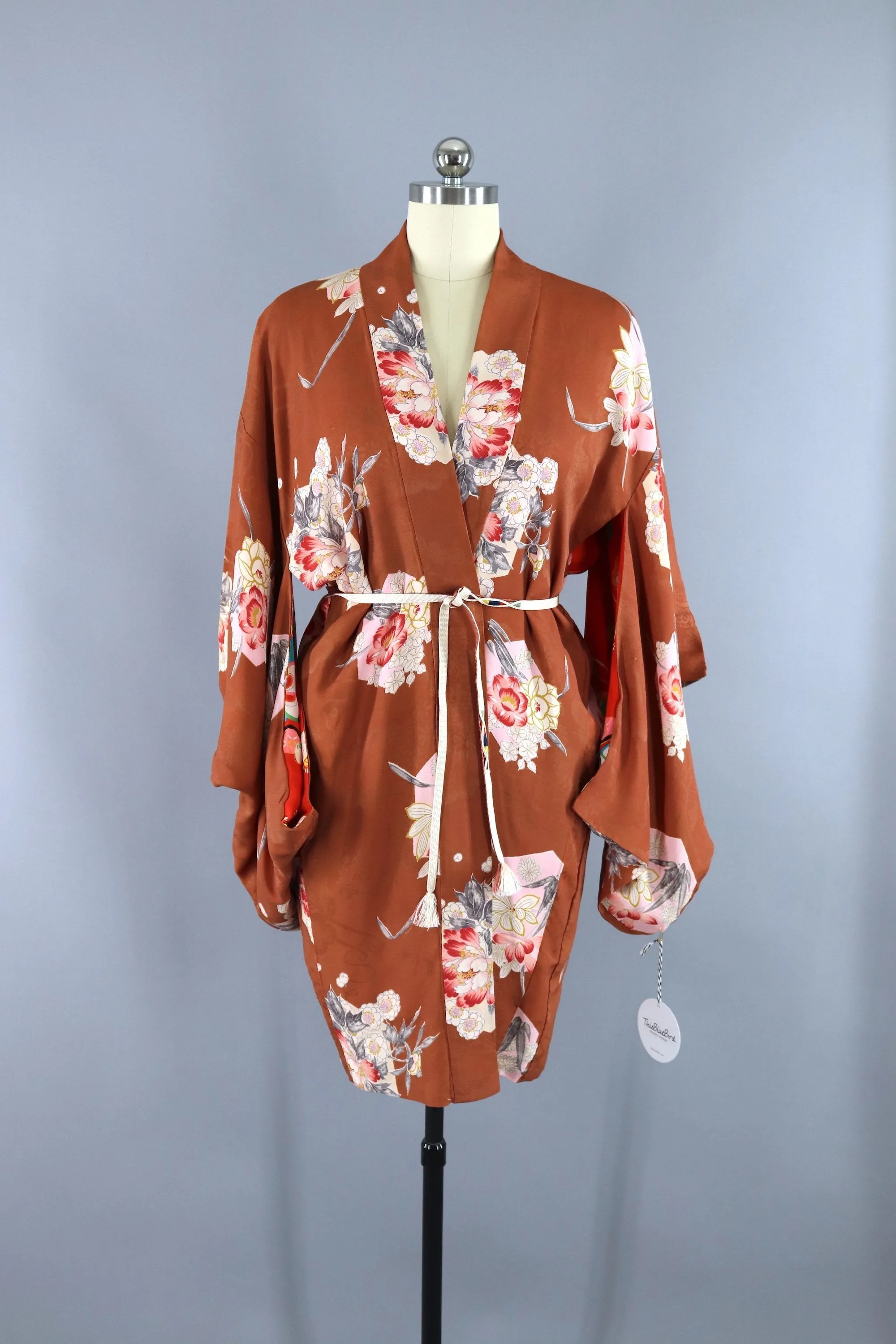 Vintage 1930s 1940s Silk Haori Kimono Cardigan Jacket / Brown Floral Print