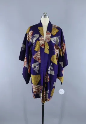 Vintage 1930s Silk Haori Kimono Cardigan Jacket / Ikat Purple & Yellow Dots