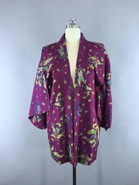 Vintage 1930s Silk Haori Kimono Cardigan / Purple Ikat Floral Print