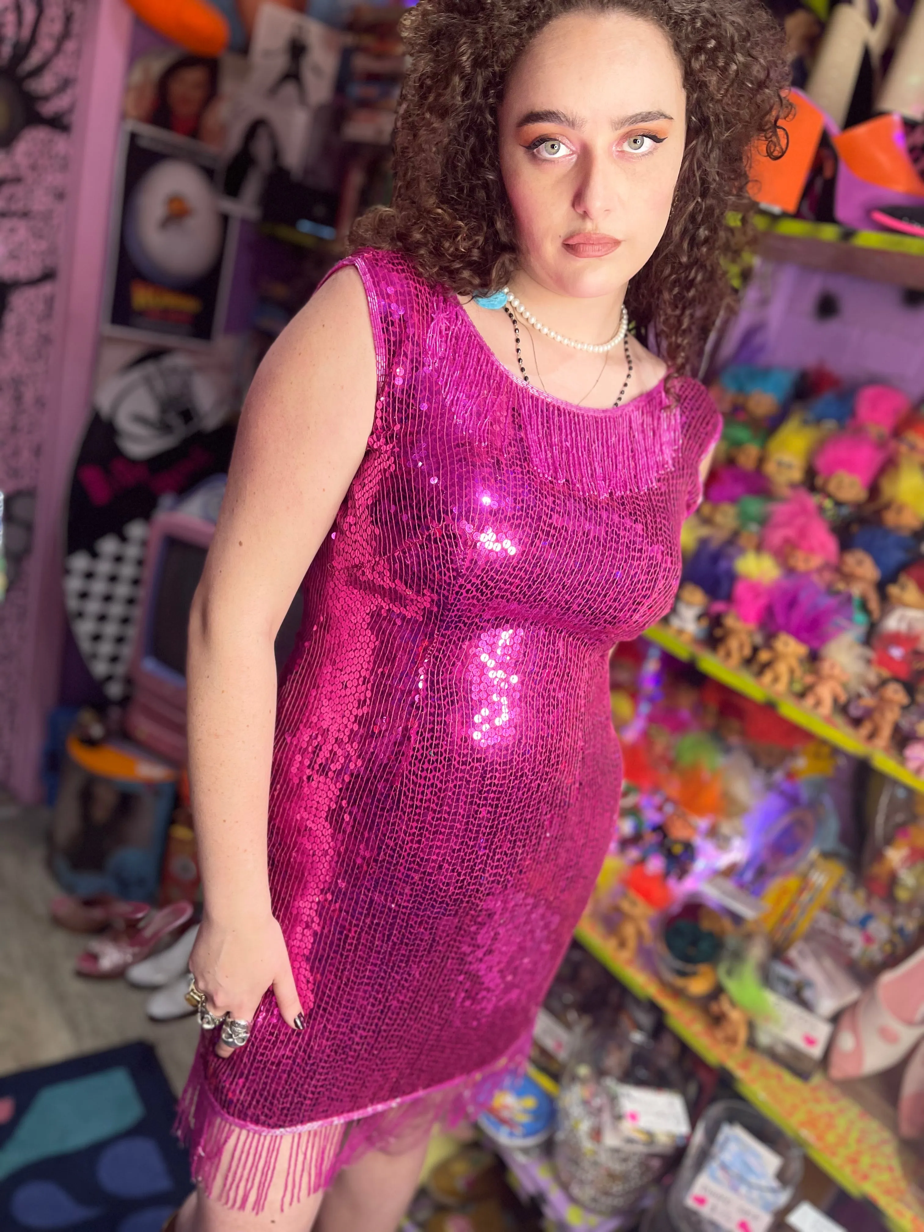 Vintage 80s Pink Fringe Sequin Tank Dress-Plus Size