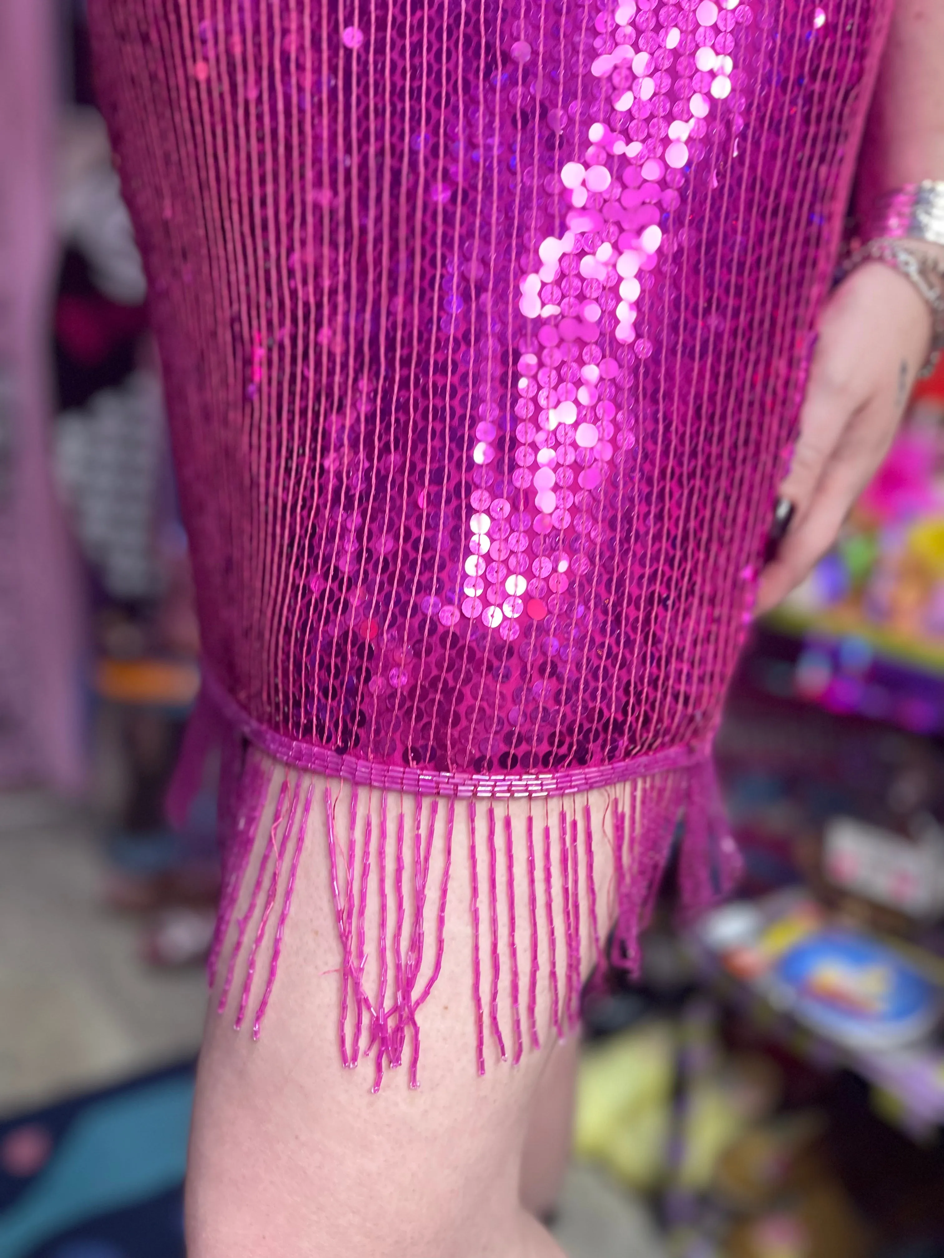 Vintage 80s Pink Fringe Sequin Tank Dress-Plus Size