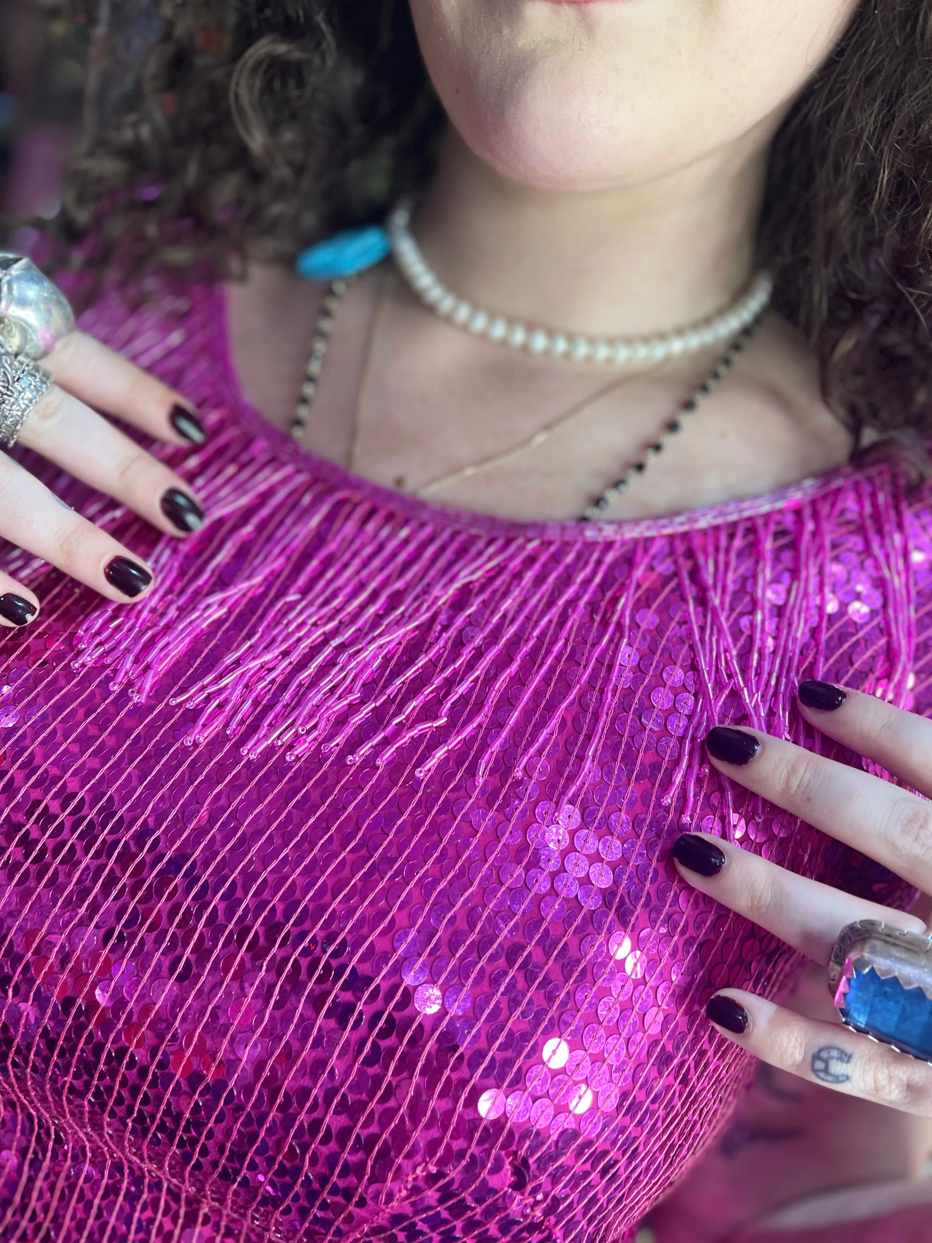 Vintage 80s Pink Fringe Sequin Tank Dress-Plus Size